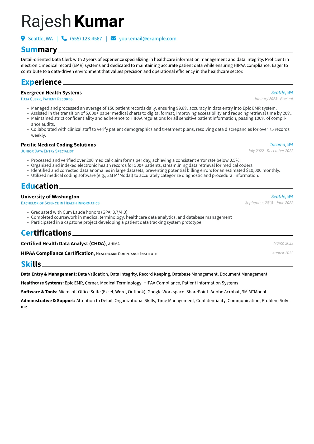 Healthcare Data Clerk version - Page 1