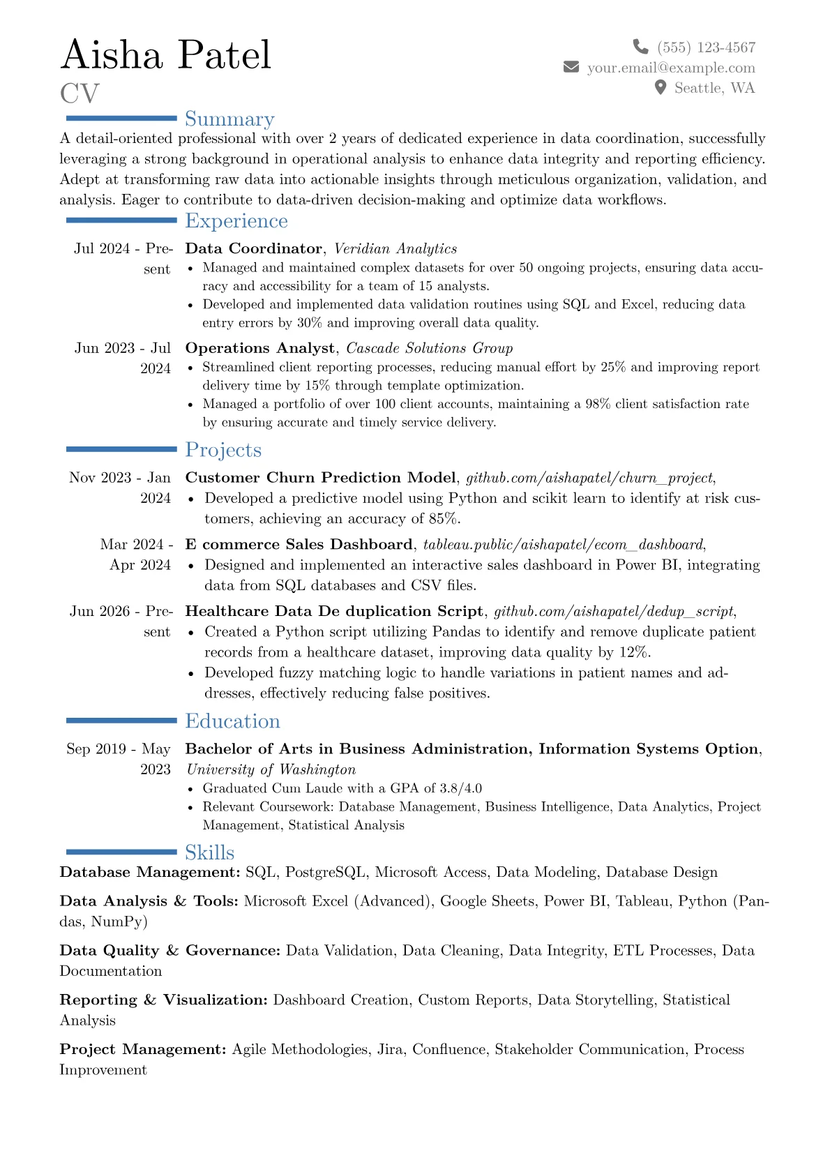 Data Coordinator resume example, Career changer, page 1