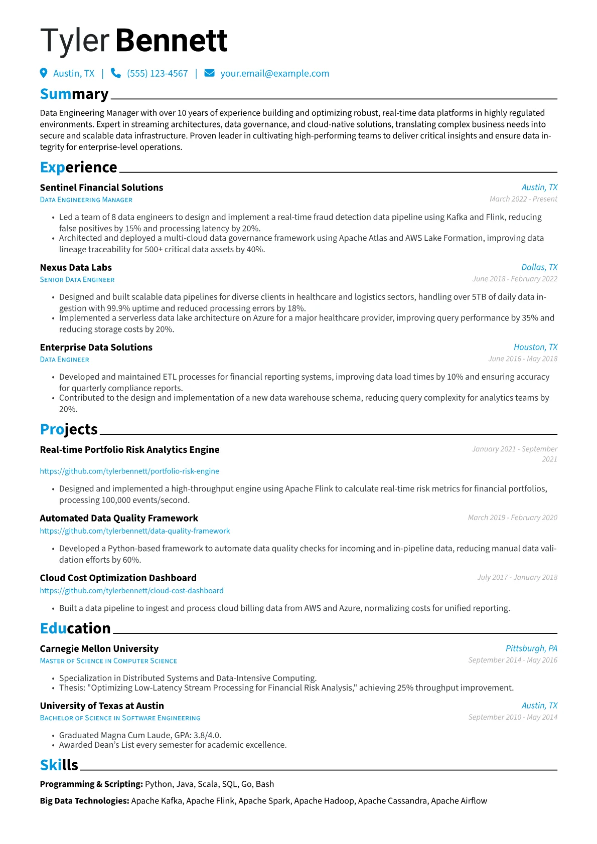 Data Engineering Manager resume example, Data Engineering Manager, page 1