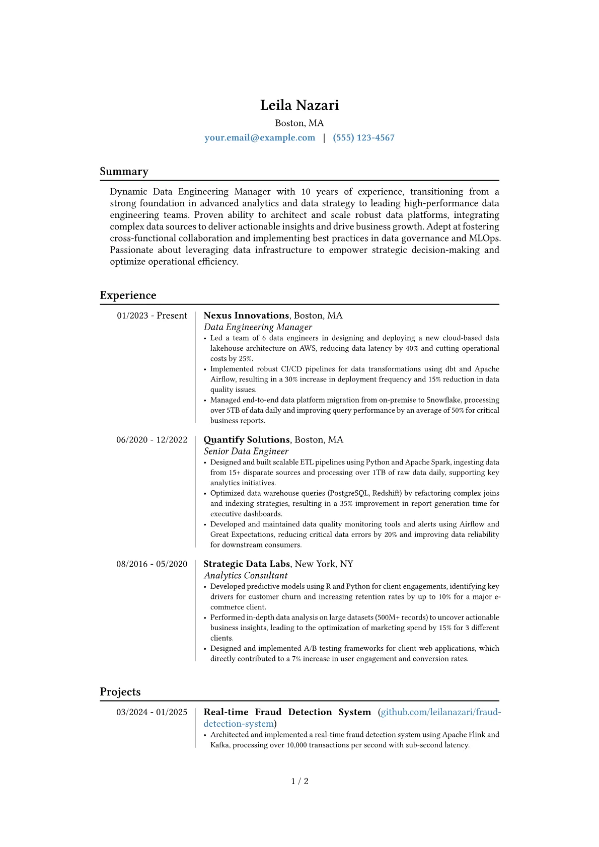 Data Engineering Manager resume example, Career changer, page 1