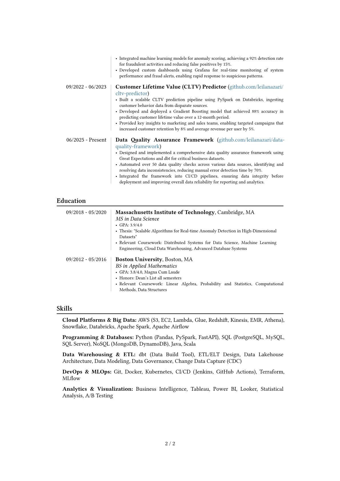 Data Engineering Manager resume example, Career changer, page 2