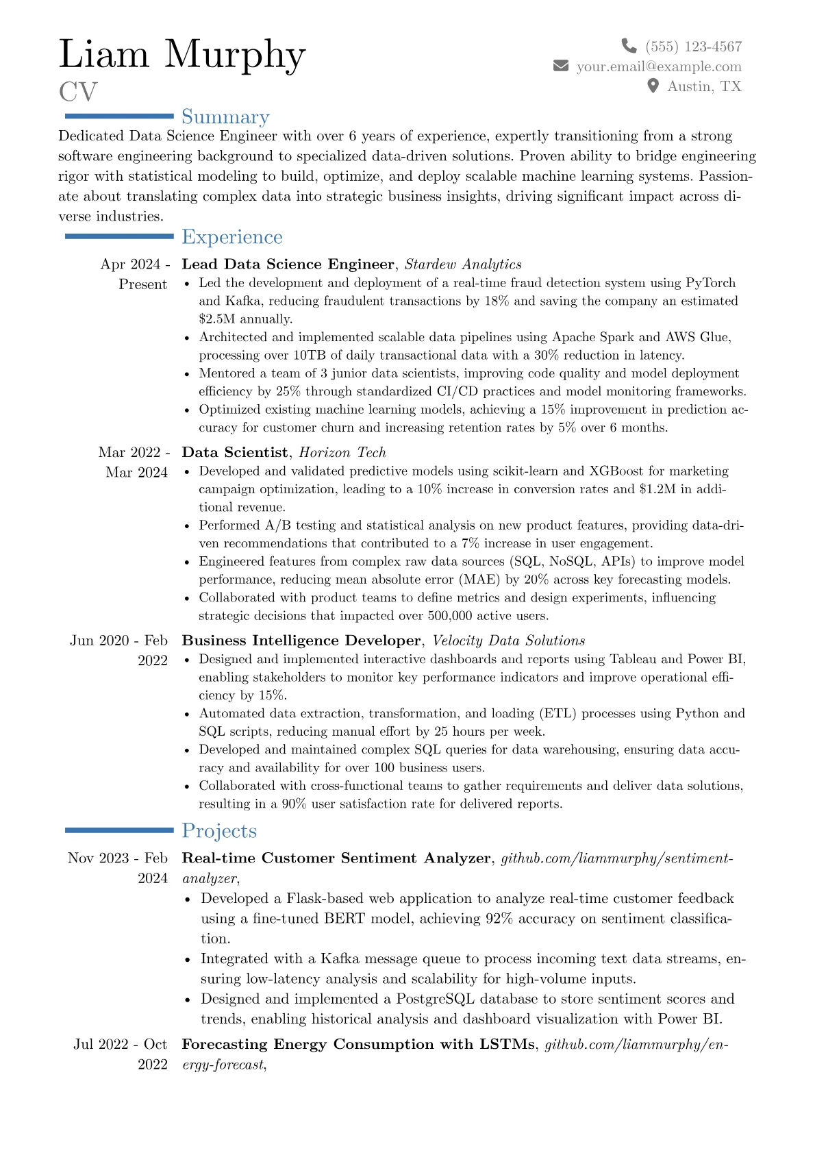 Data Science Engineer resume example, Career changer, page 1