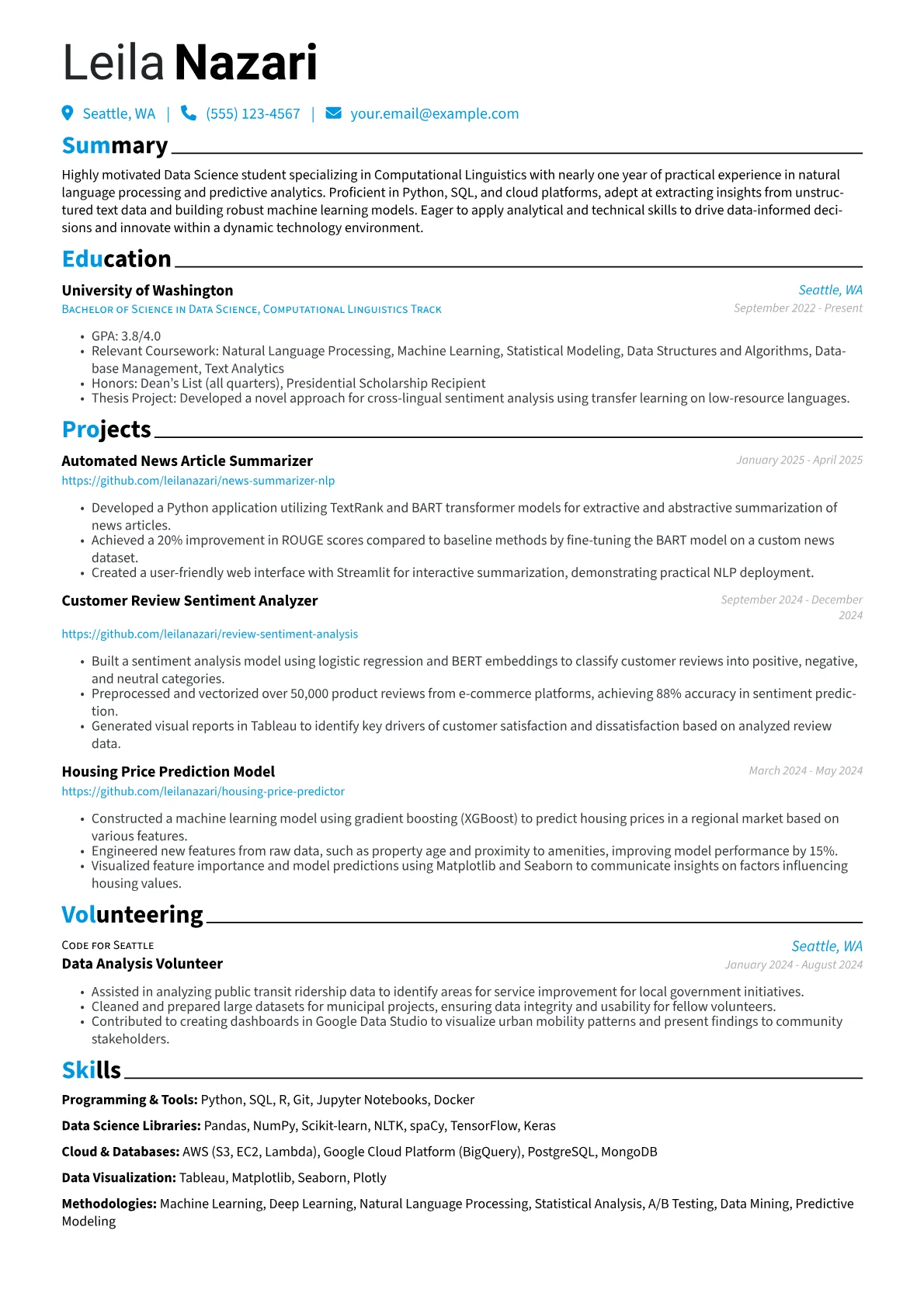 Data Science Student resume example, Data Science Student, page 1
