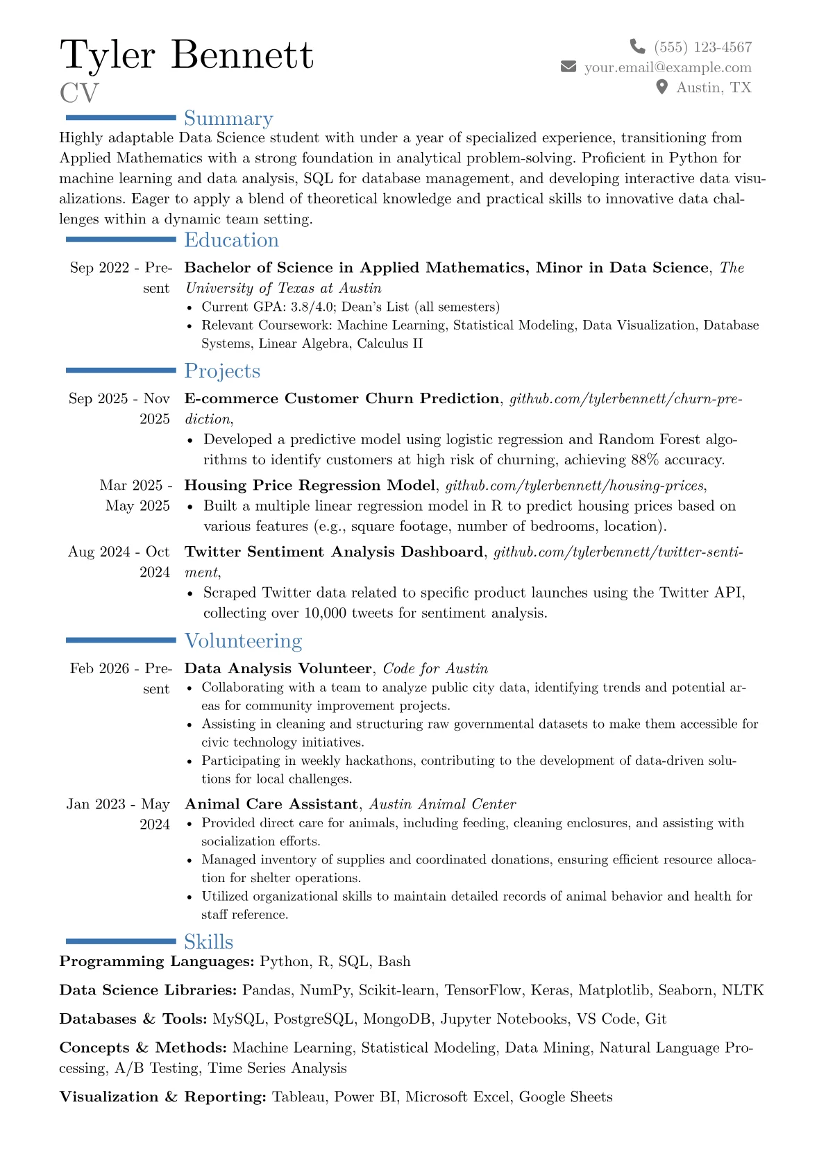 Data Science Student resume example, Career changer, page 1