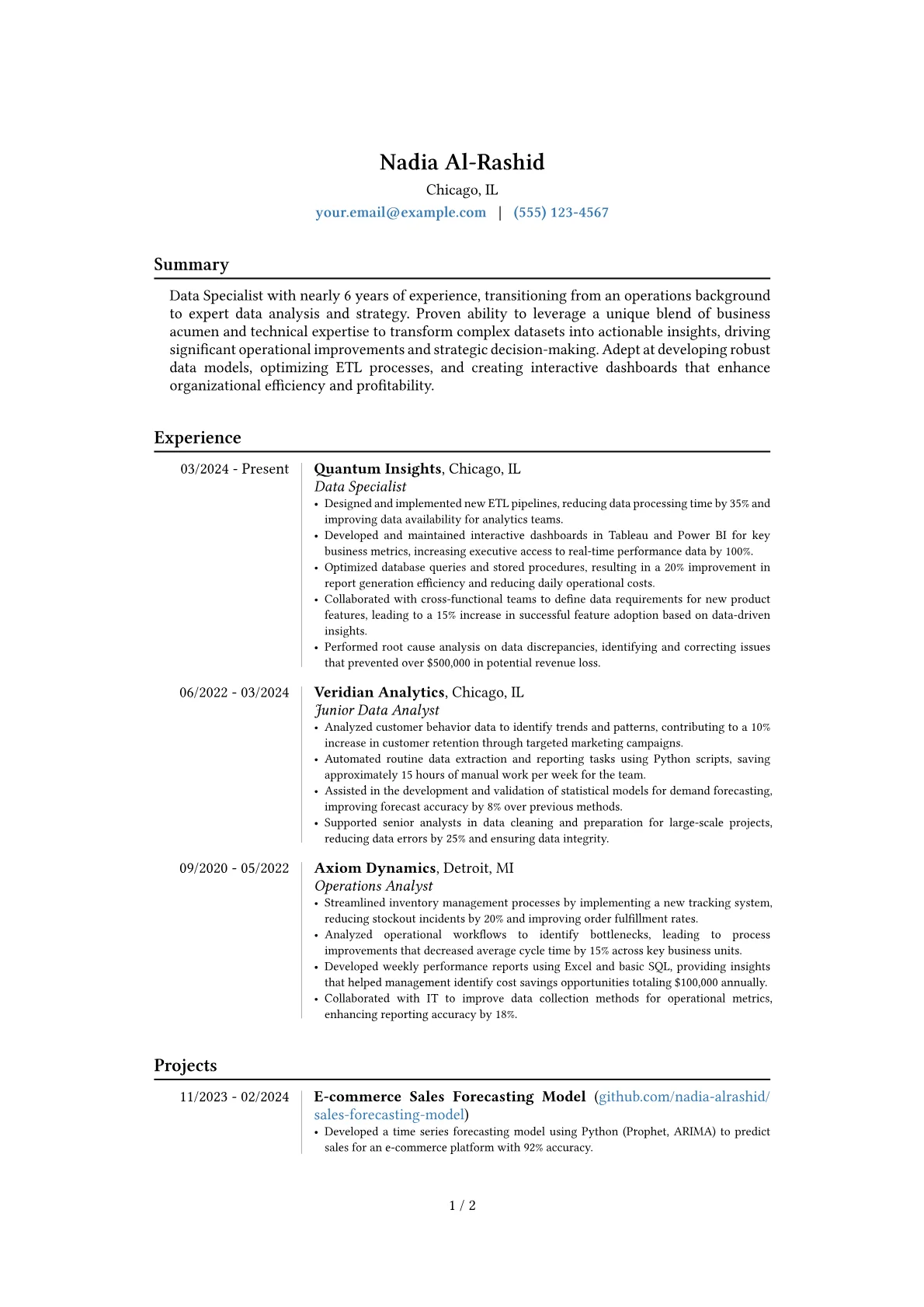 Data Specialist resume example, Career changer, page 1