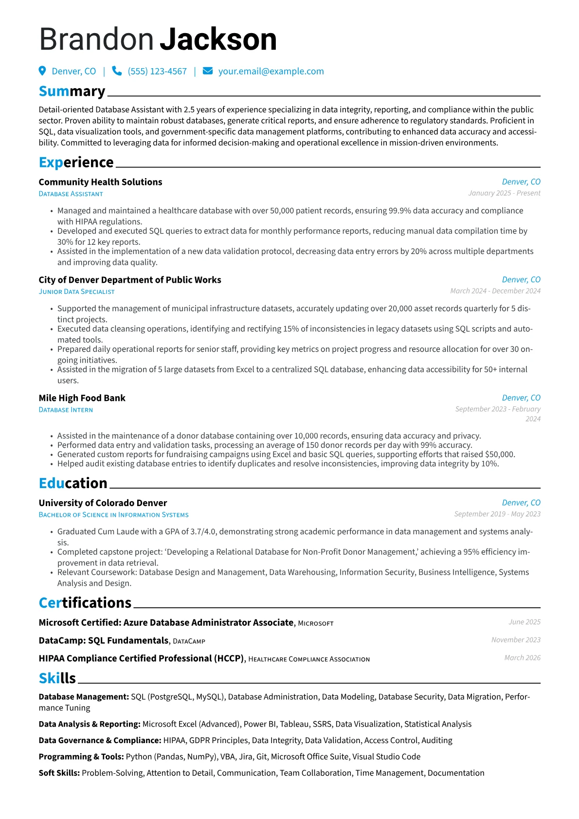 Database Assistant resume example, Database Assistant - Data, page 1
