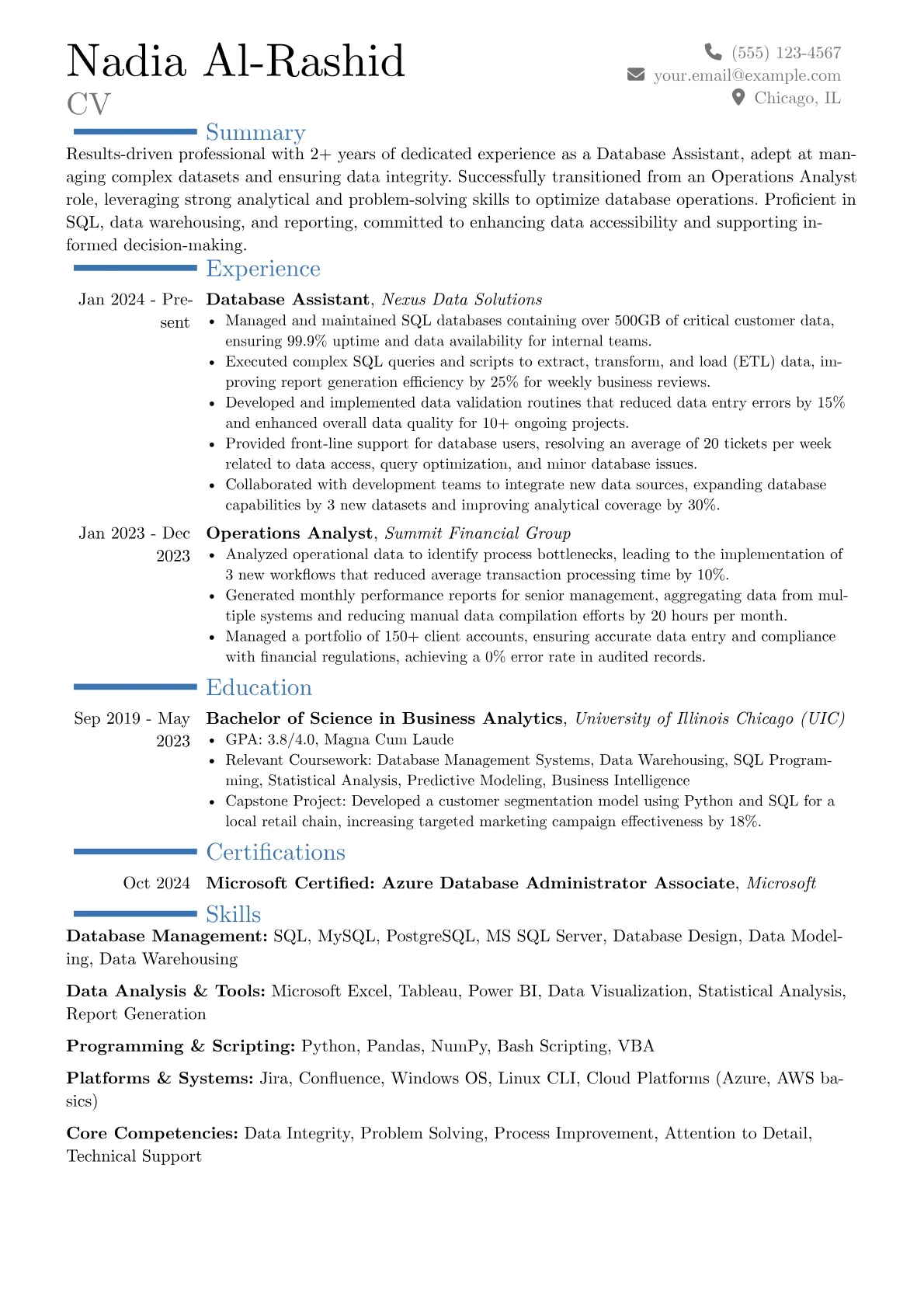 Database Assistant resume example, Career changer, page 1