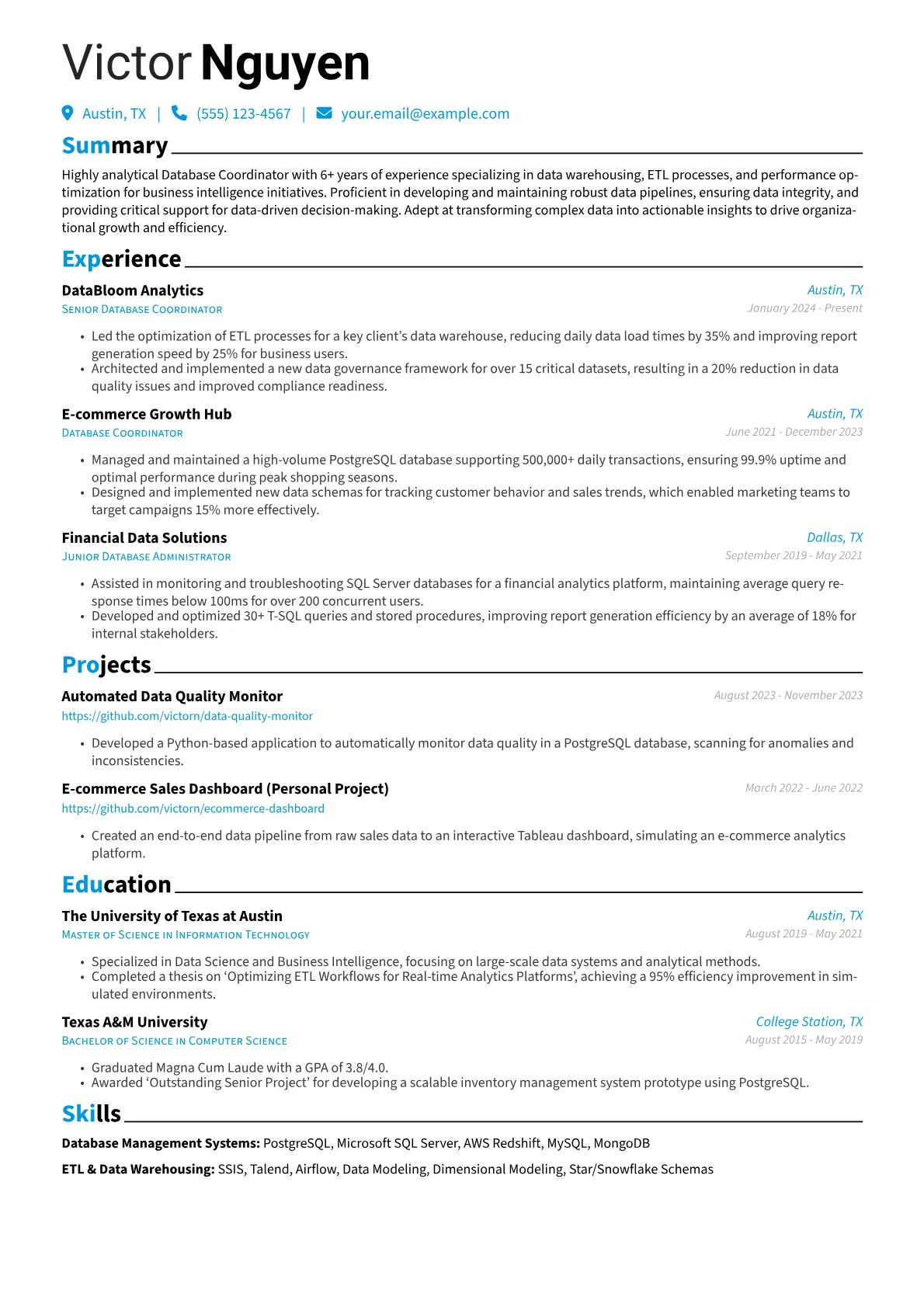 Database Coordinator resume example, Database Coordinator, page 1