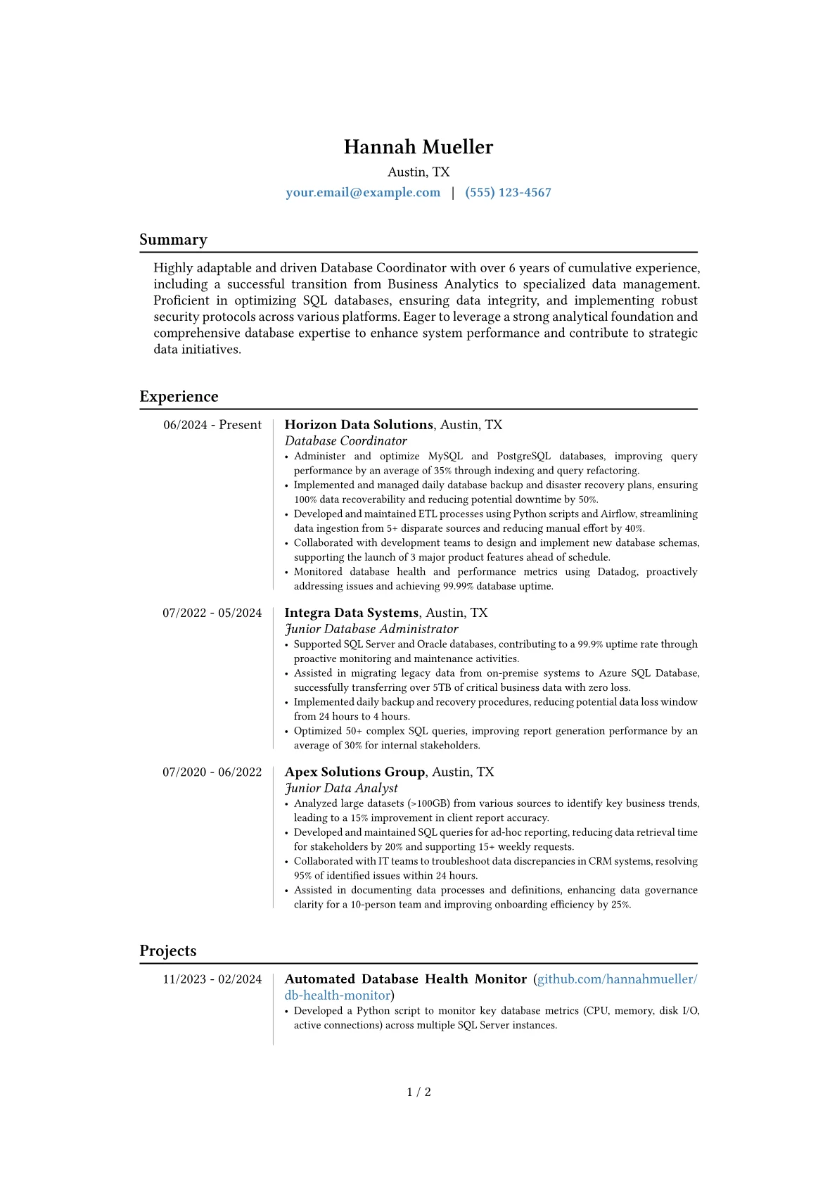 Database Coordinator resume example, Career changer, page 1