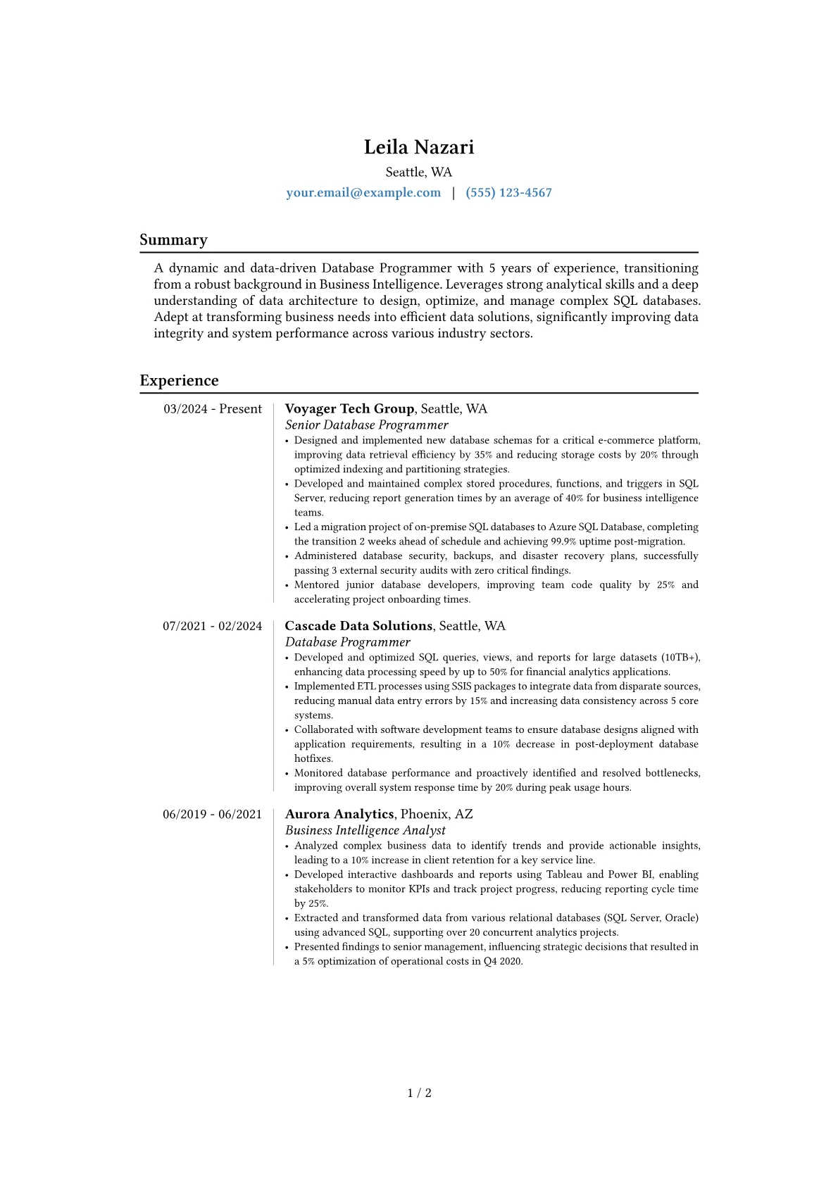 Database Programmer resume example, Career changer, page 1