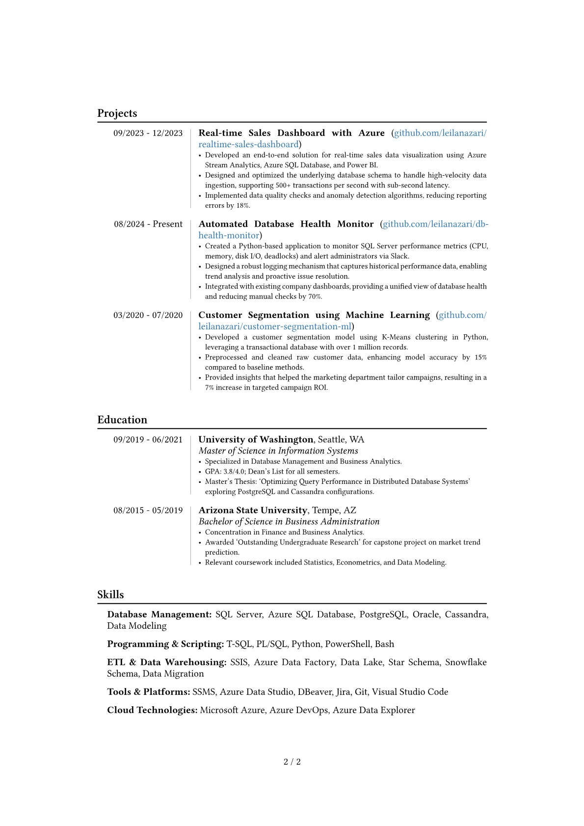 Database Programmer resume example, Career changer, page 2