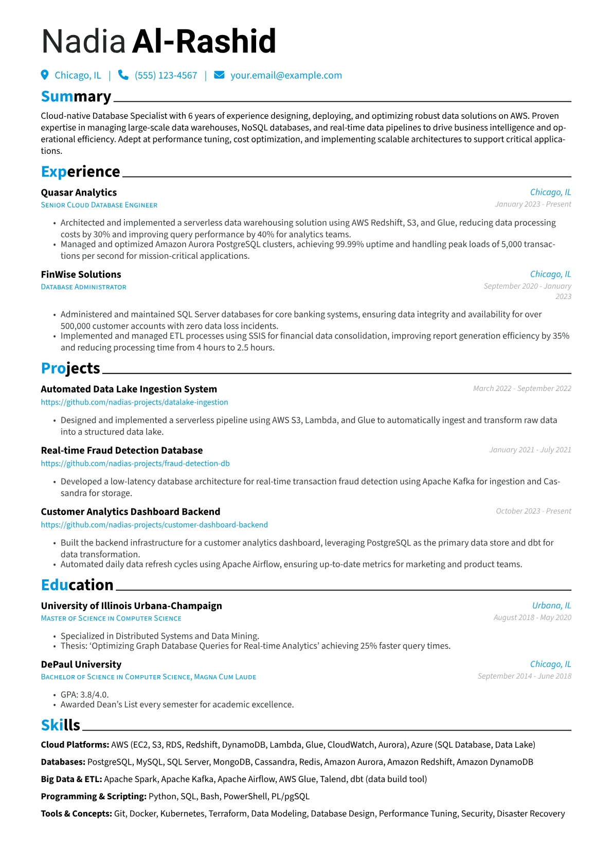 Database Specialist resume example, Cloud-Native Database, page 1
