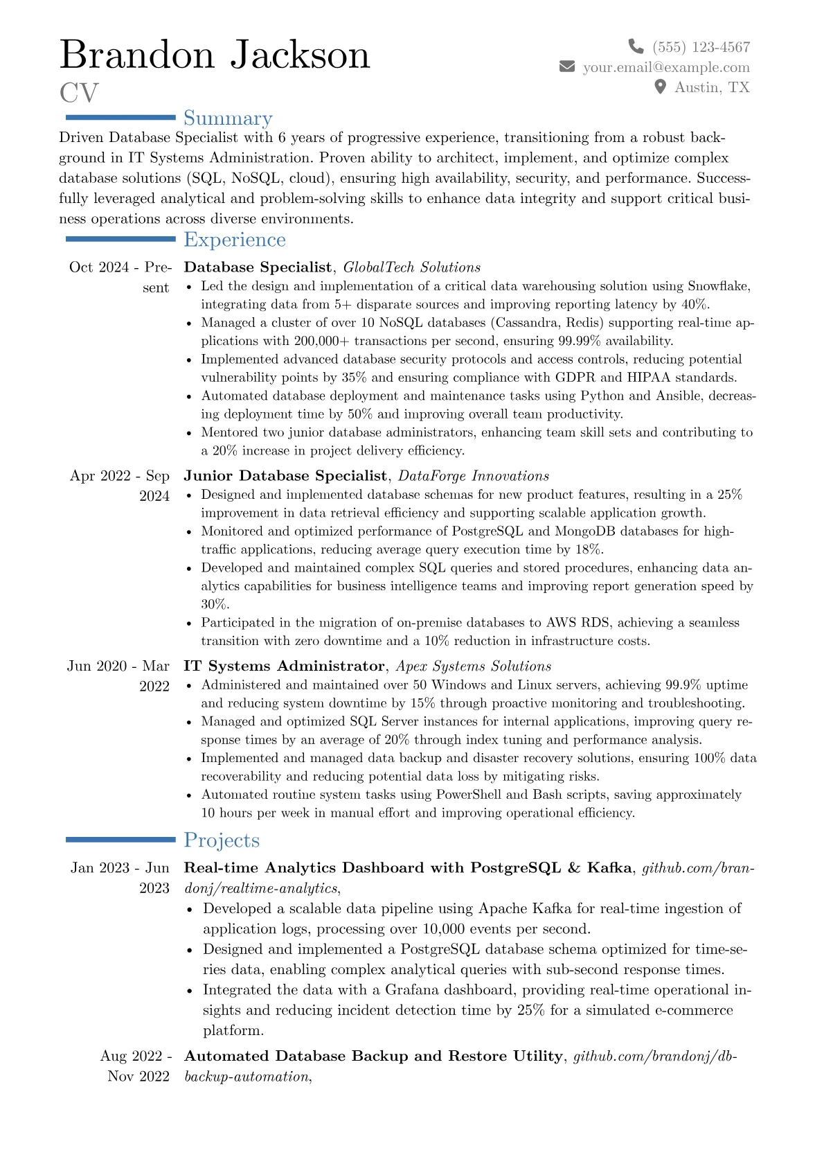 Database Specialist resume example, Career changer, page 1