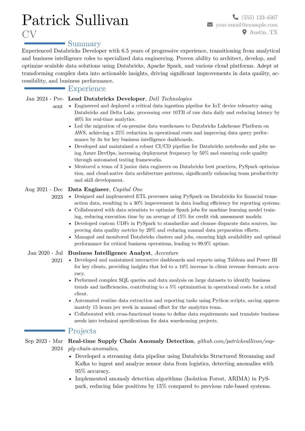 Databricks Developer resume example, Career changer, page 1