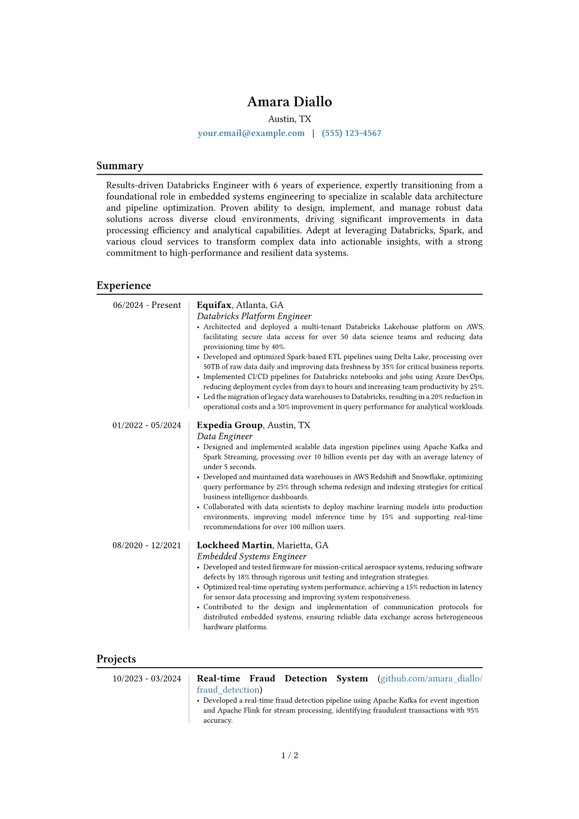 Databricks Engineer resume example, Career changer, page 1