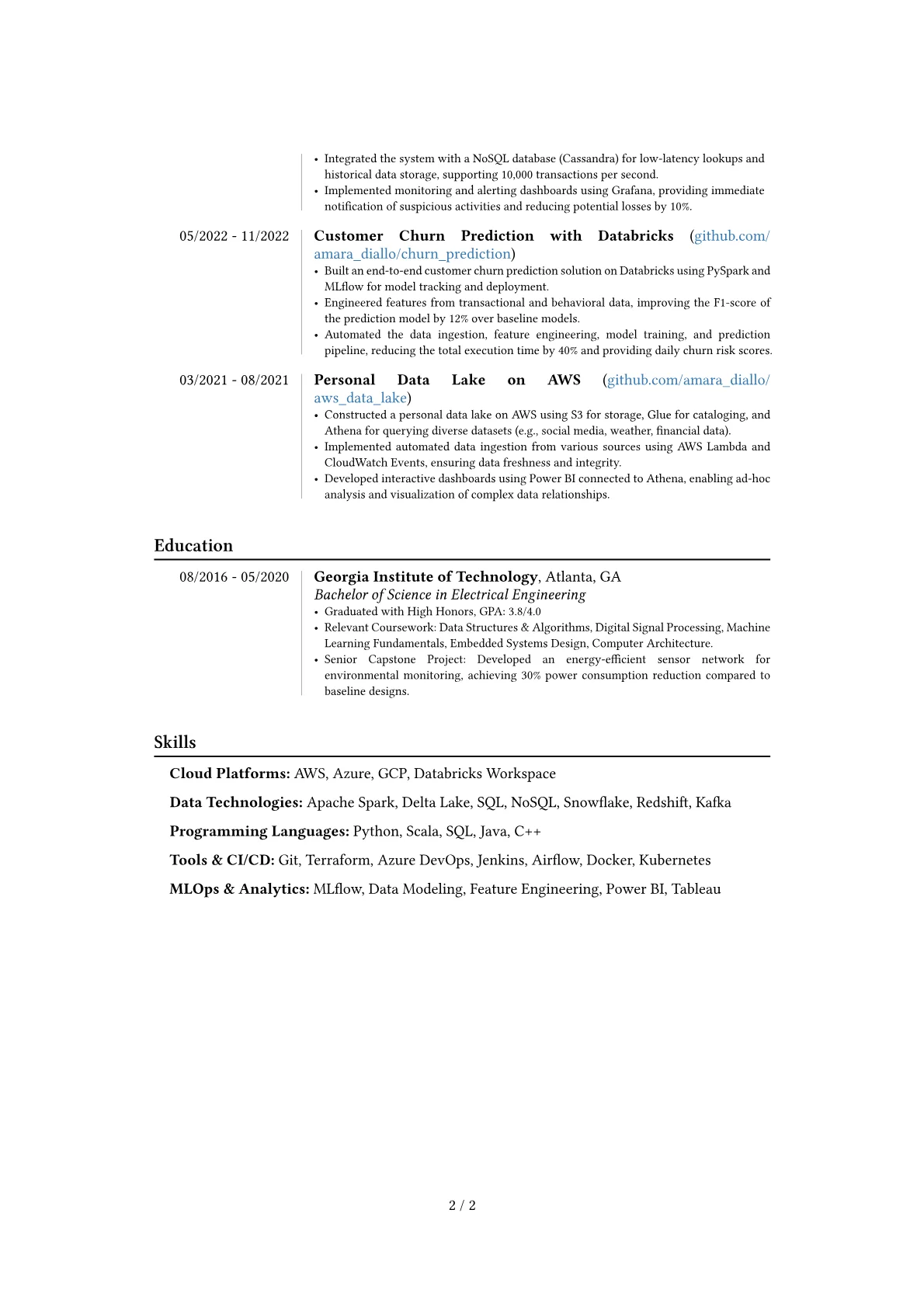 Databricks Engineer resume example, Career changer, page 2