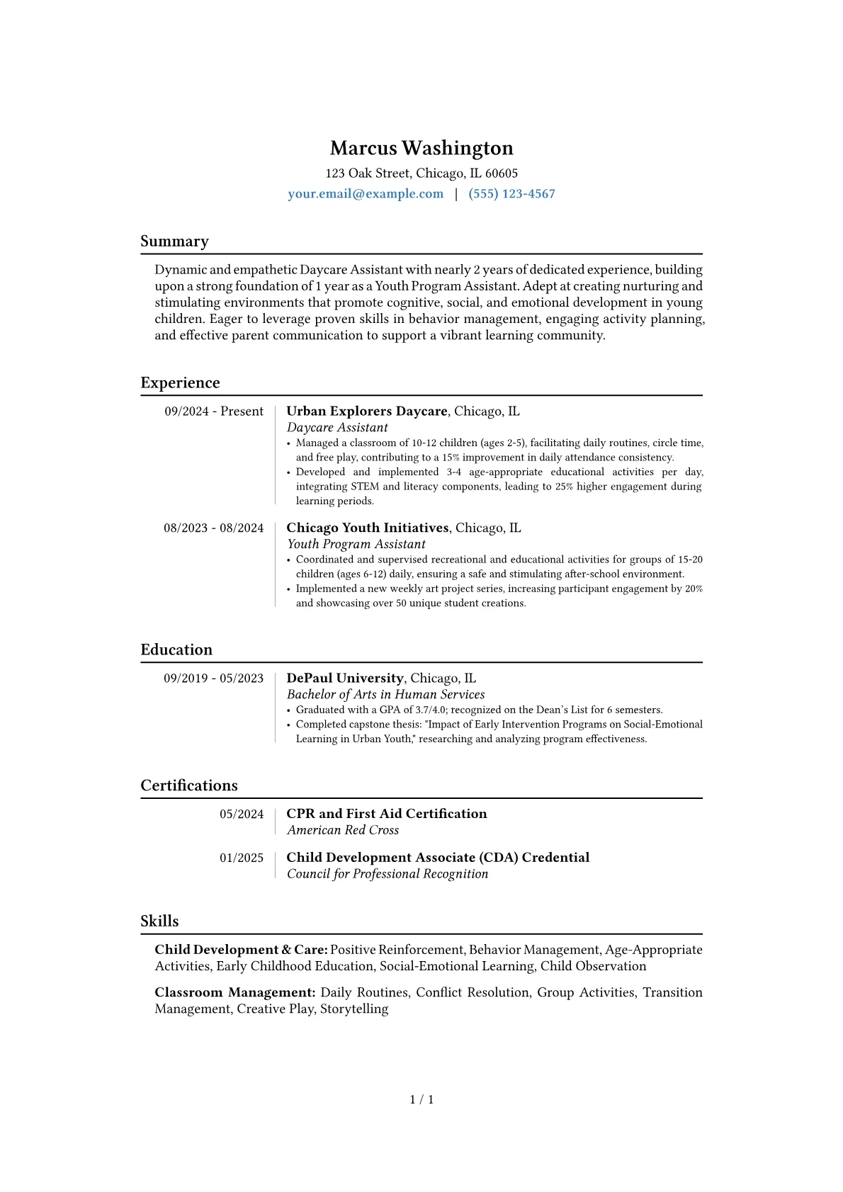 Daycare Assistant resume example, Career changer, page 1