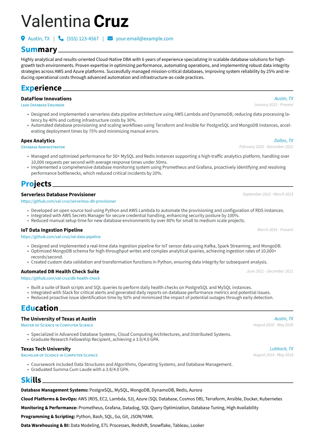 DBA resume example, Cloud-Native DBA, page 1