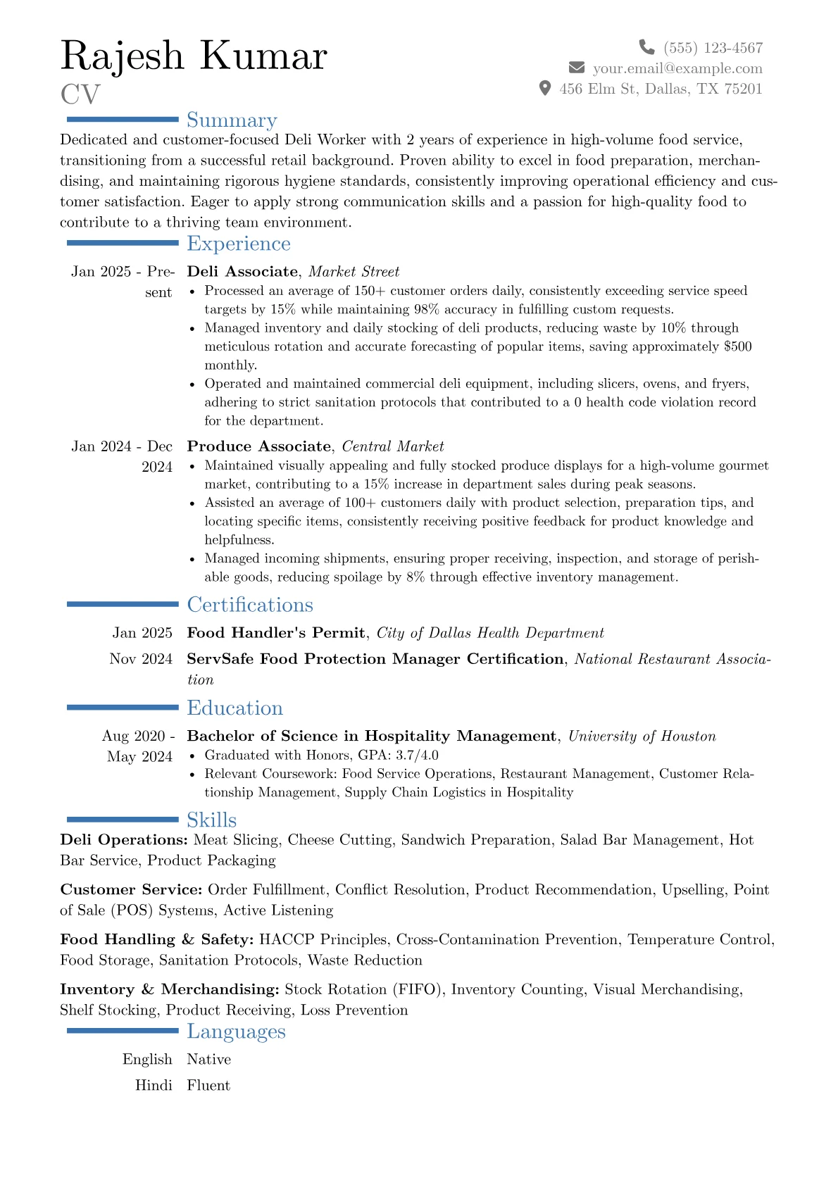 Deli Worker resume example, Career changer, page 1