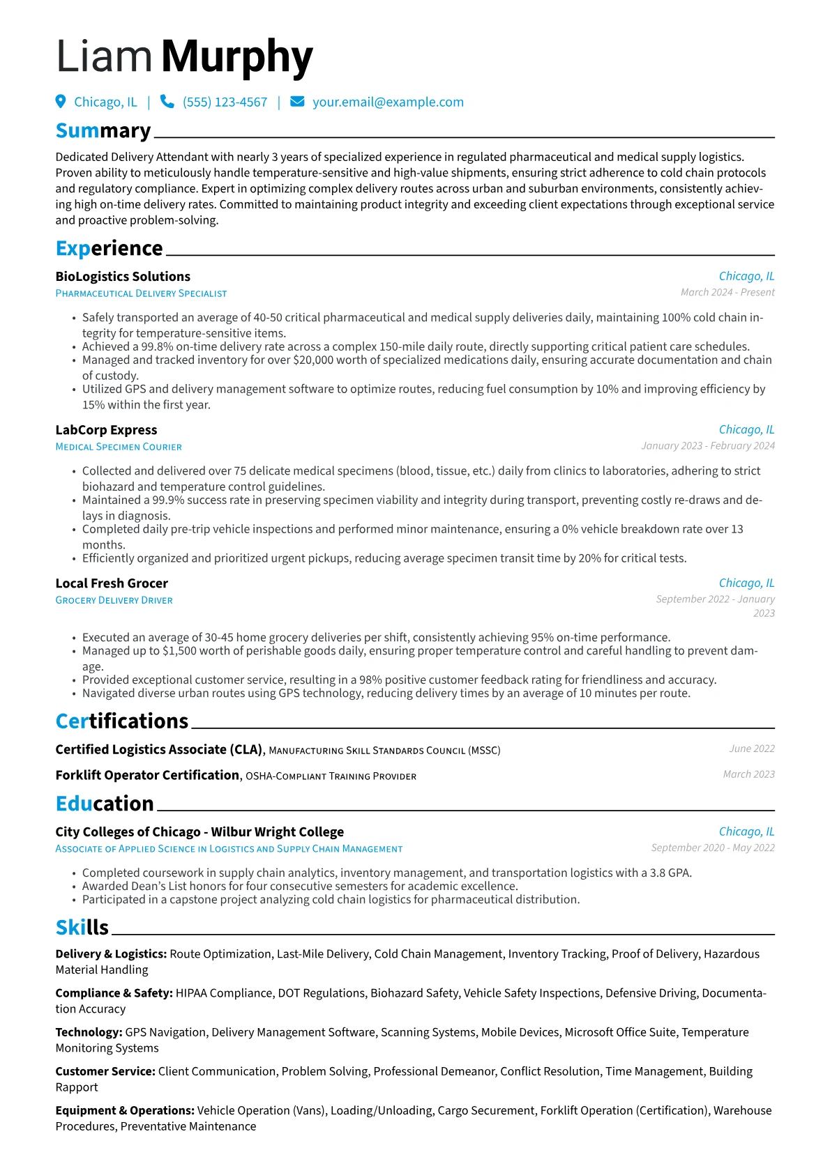 Delivery Attendant resume example, Specialized Medical, page 1