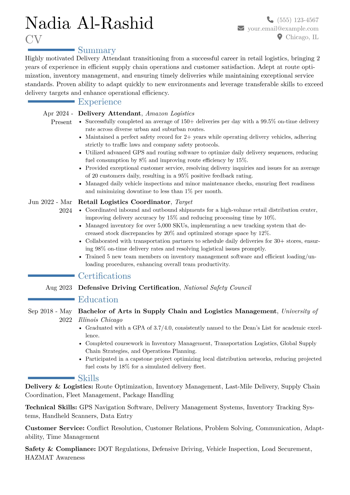 Delivery Attendant resume example, Career changer, page 1