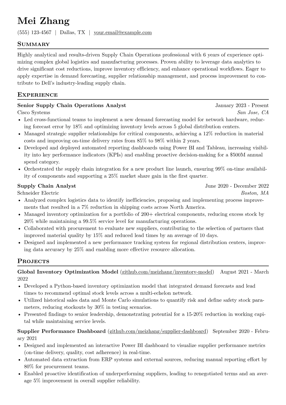 Dell resume example, Supply Chain Management, page 1
