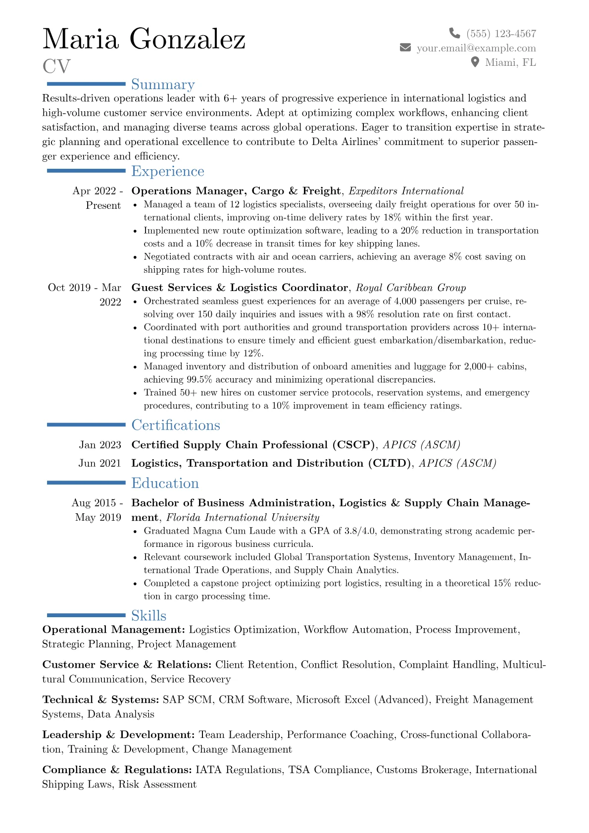 Delta Airlines resume example, Career changer, page 1