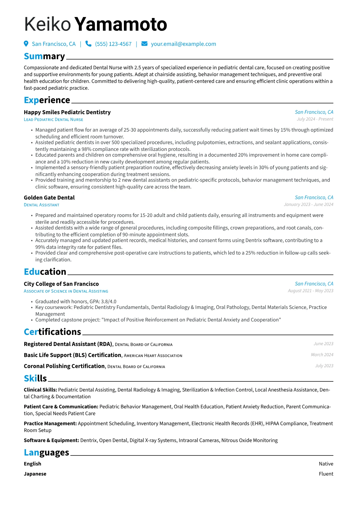 Dental Nurse resume example, Pediatric Dental Nurse, page 1