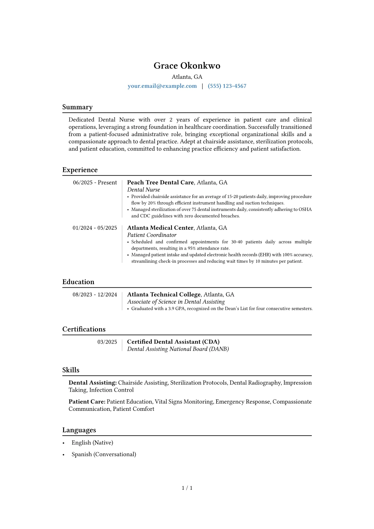 Dental Nurse resume example, Career changer, page 1