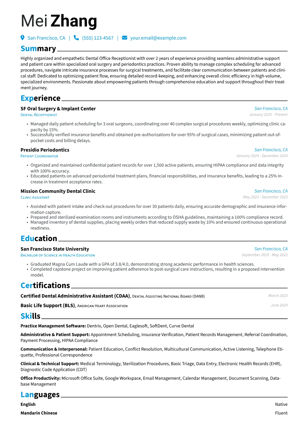 Dental Office Receptionist resume example, Specialized Dental, page 1