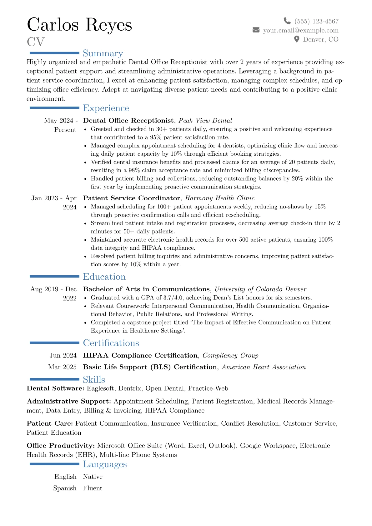 Dental Office Receptionist resume example, Career changer, page 1
