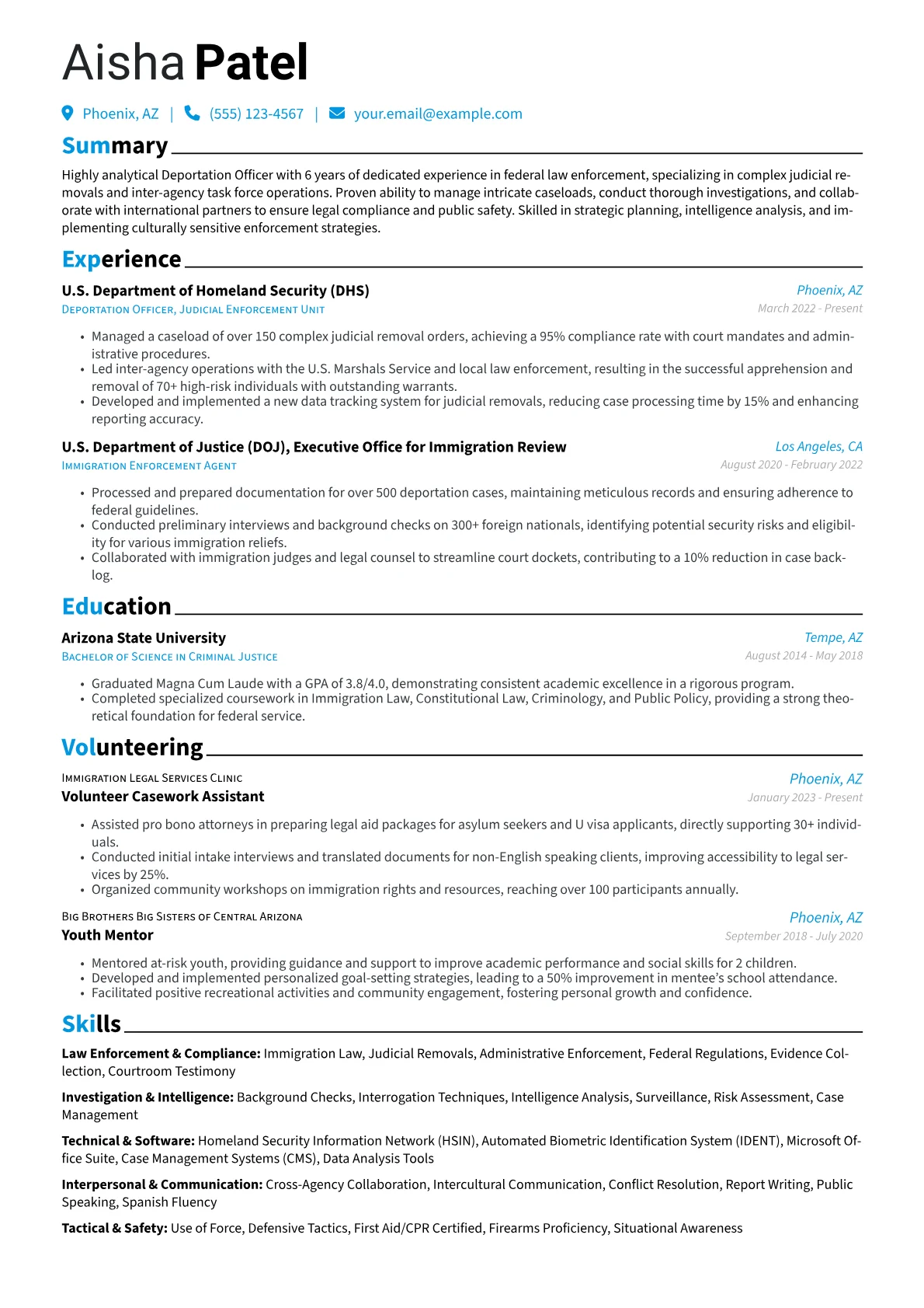 Deportation Officer resume example, Law Enforcement, page 1