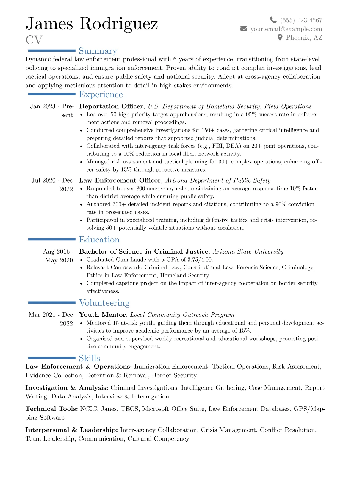 Deportation Officer resume example, Career changer, page 1