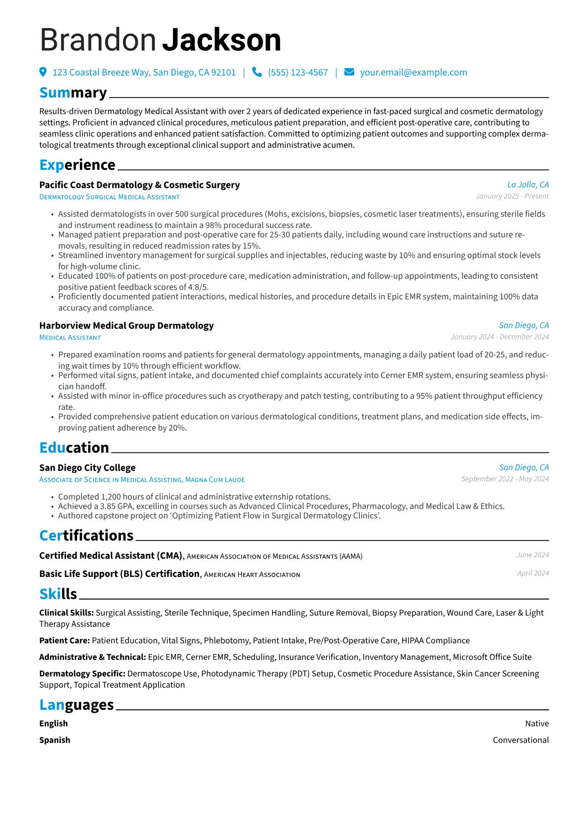 Dermatology Medical Assistant resume example, Dermatology MA - Surgical, page 1