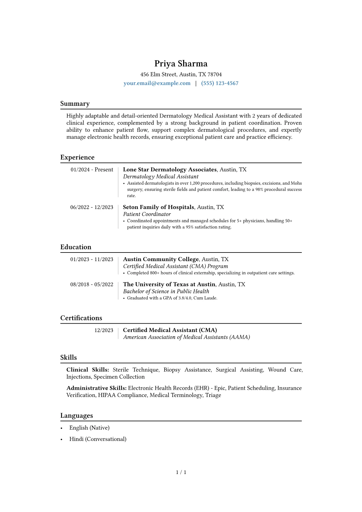 Dermatology Medical Assistant resume example, Career changer, page 1
