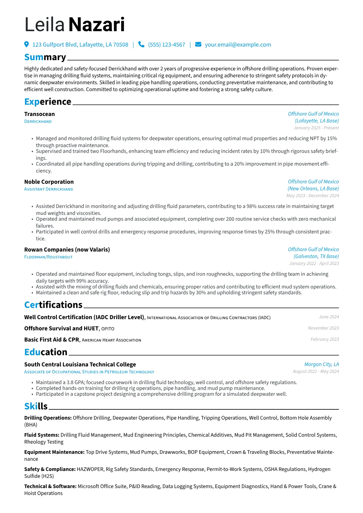 Derrickhand resume example, Offshore Derrickhand, page 1