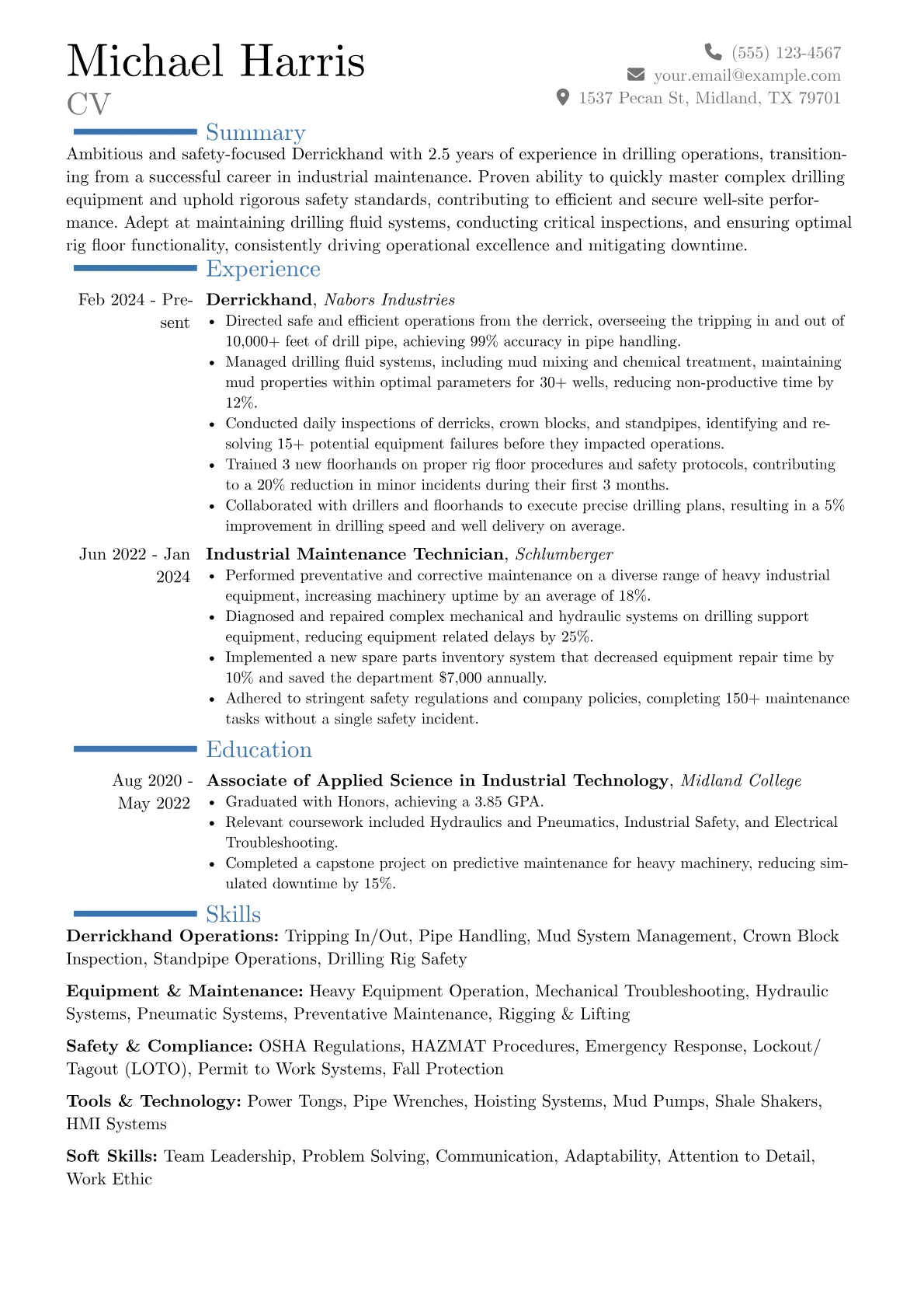 Derrickhand resume example, Career changer, page 1
