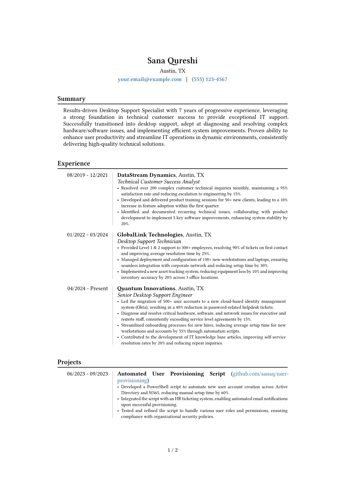 Desktop Support resume example, Career changer, page 1