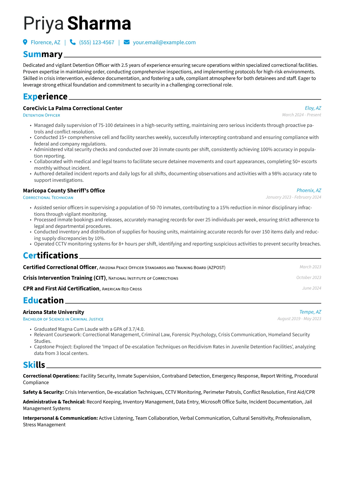 Detention Officer resume example, Federal/Private Detention, page 1