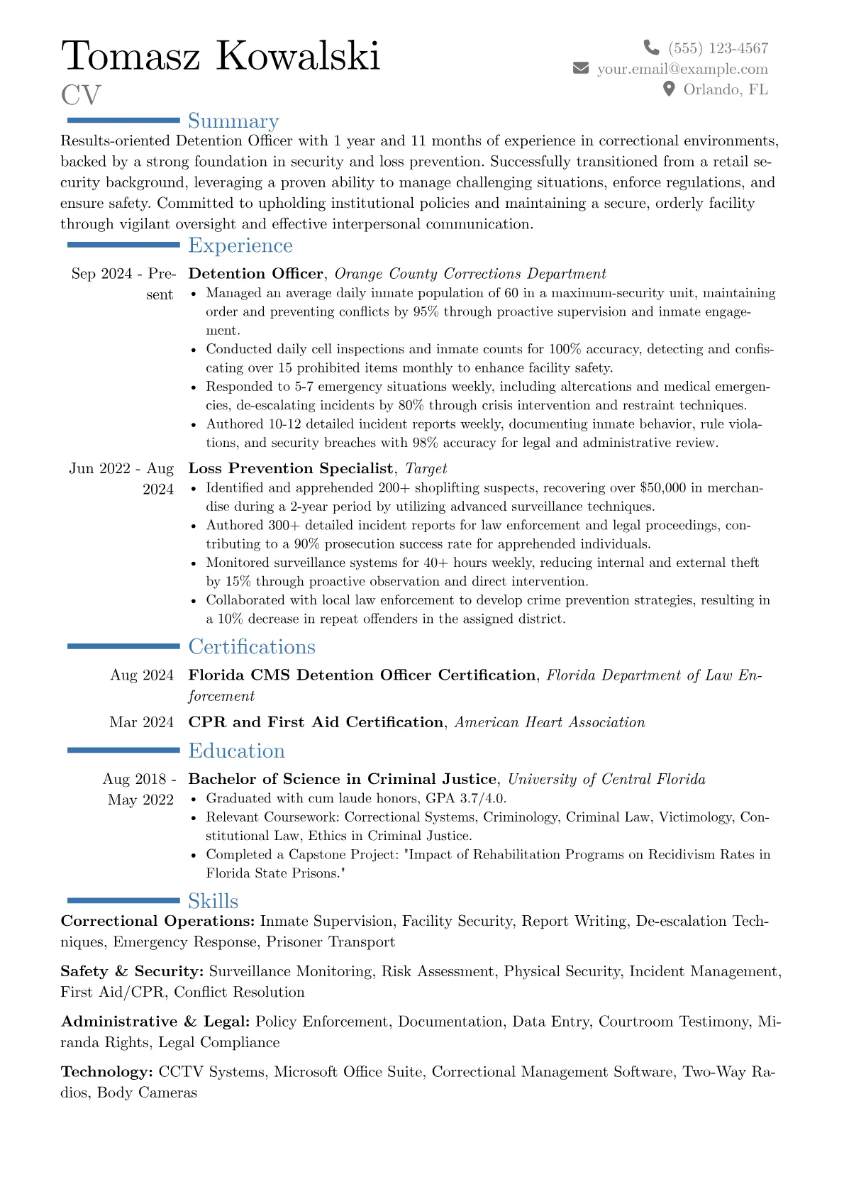 Detention Officer resume example, Career changer, page 1