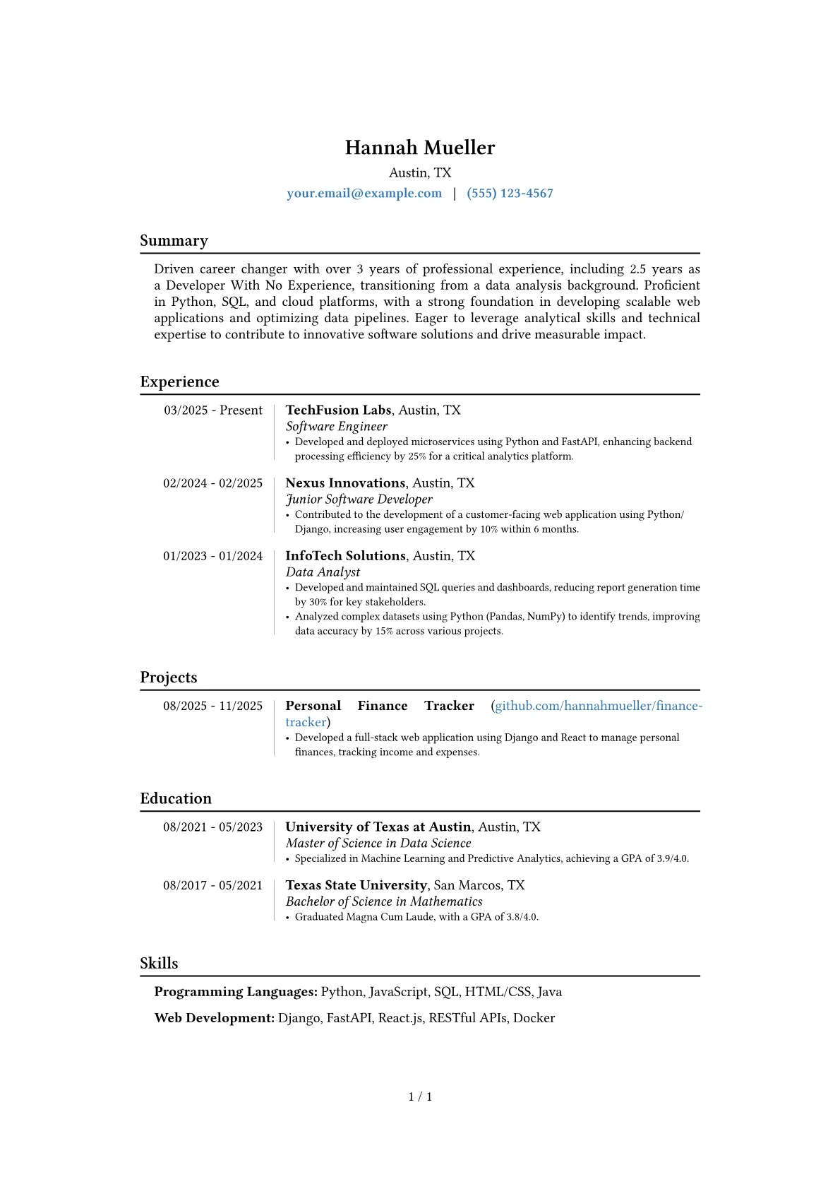 Developer With No Experience resume example, Career changer, page 1