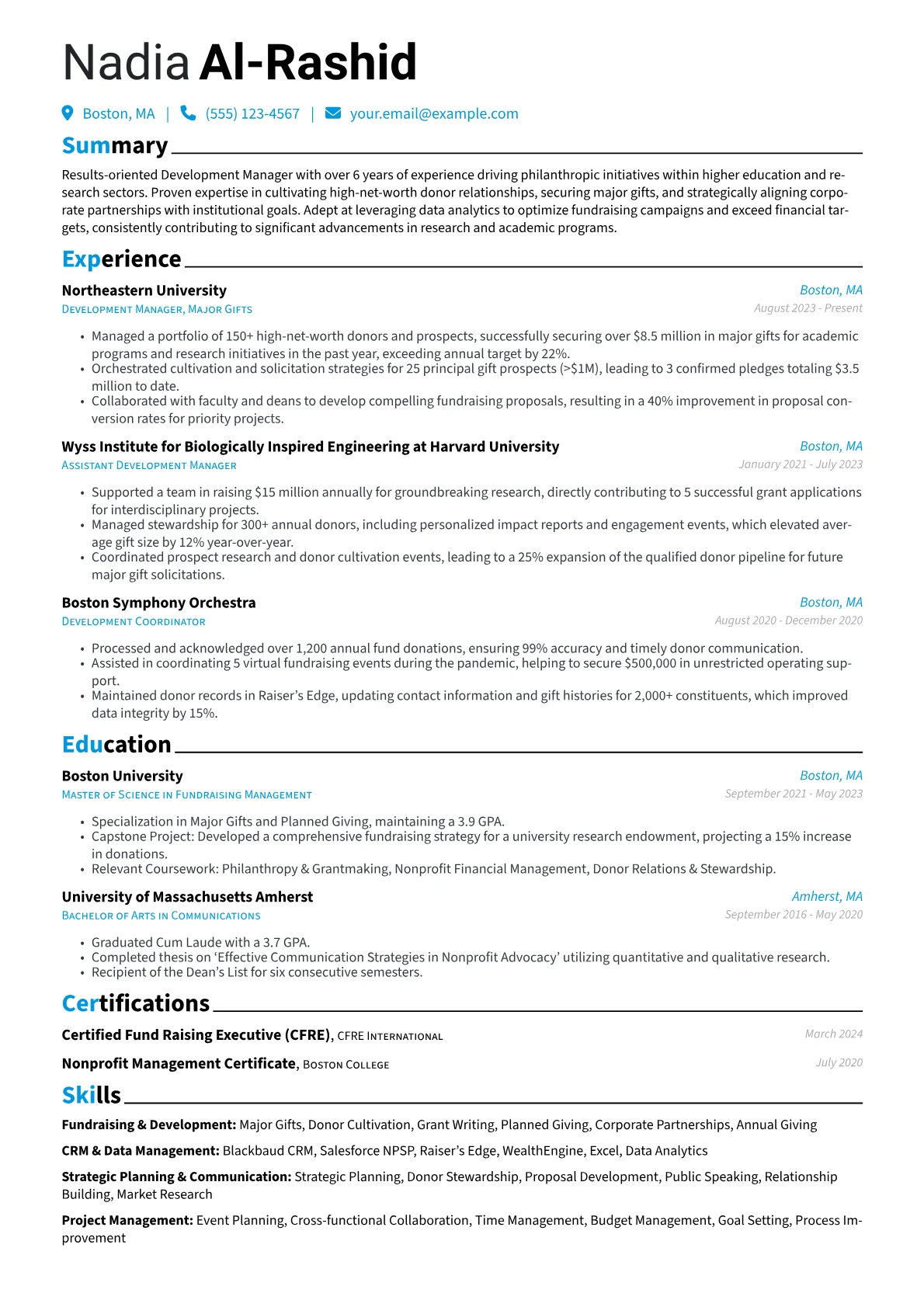 Development Manager resume example, Higher Education, page 1