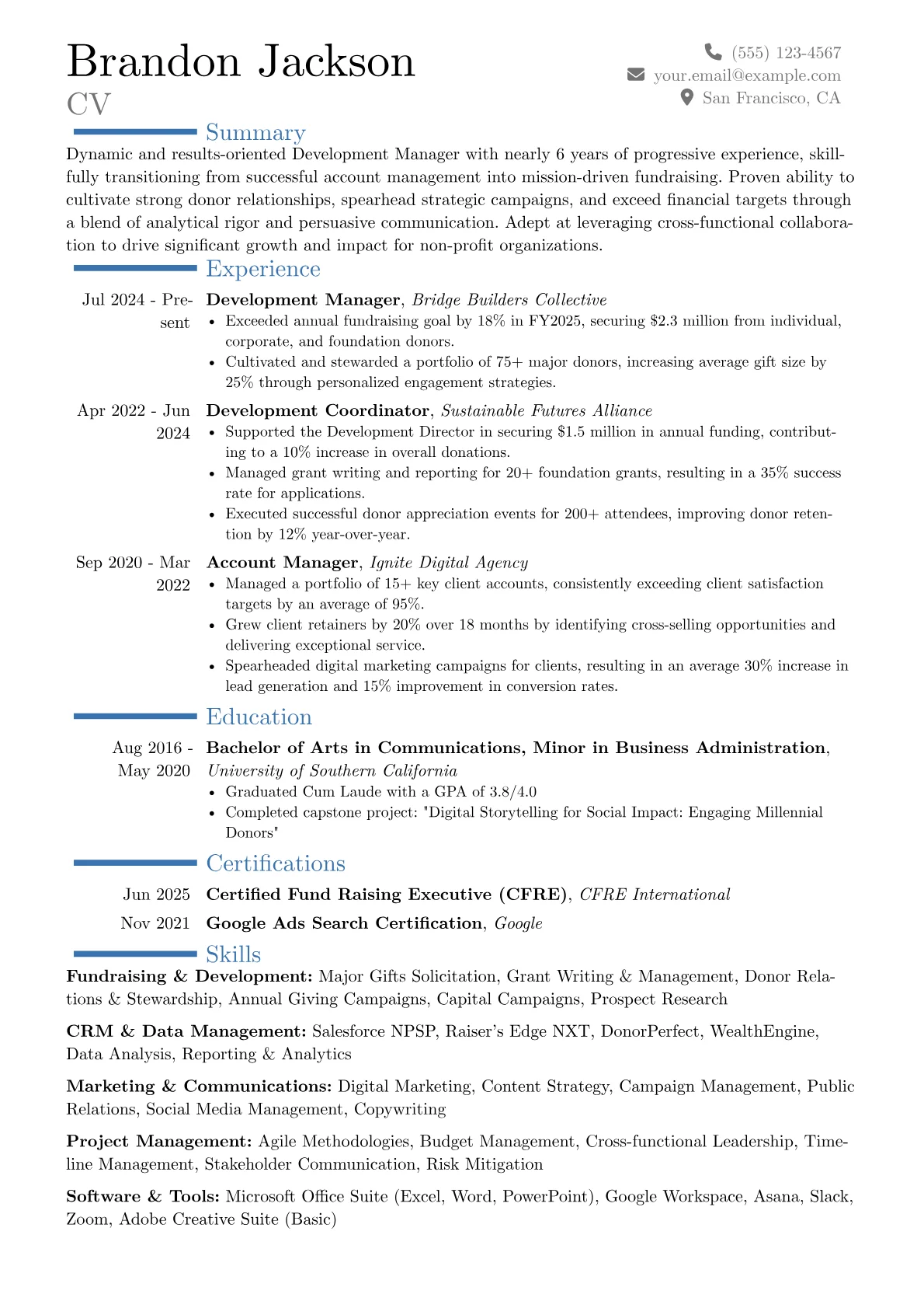 Development Manager resume example, Career changer, page 1