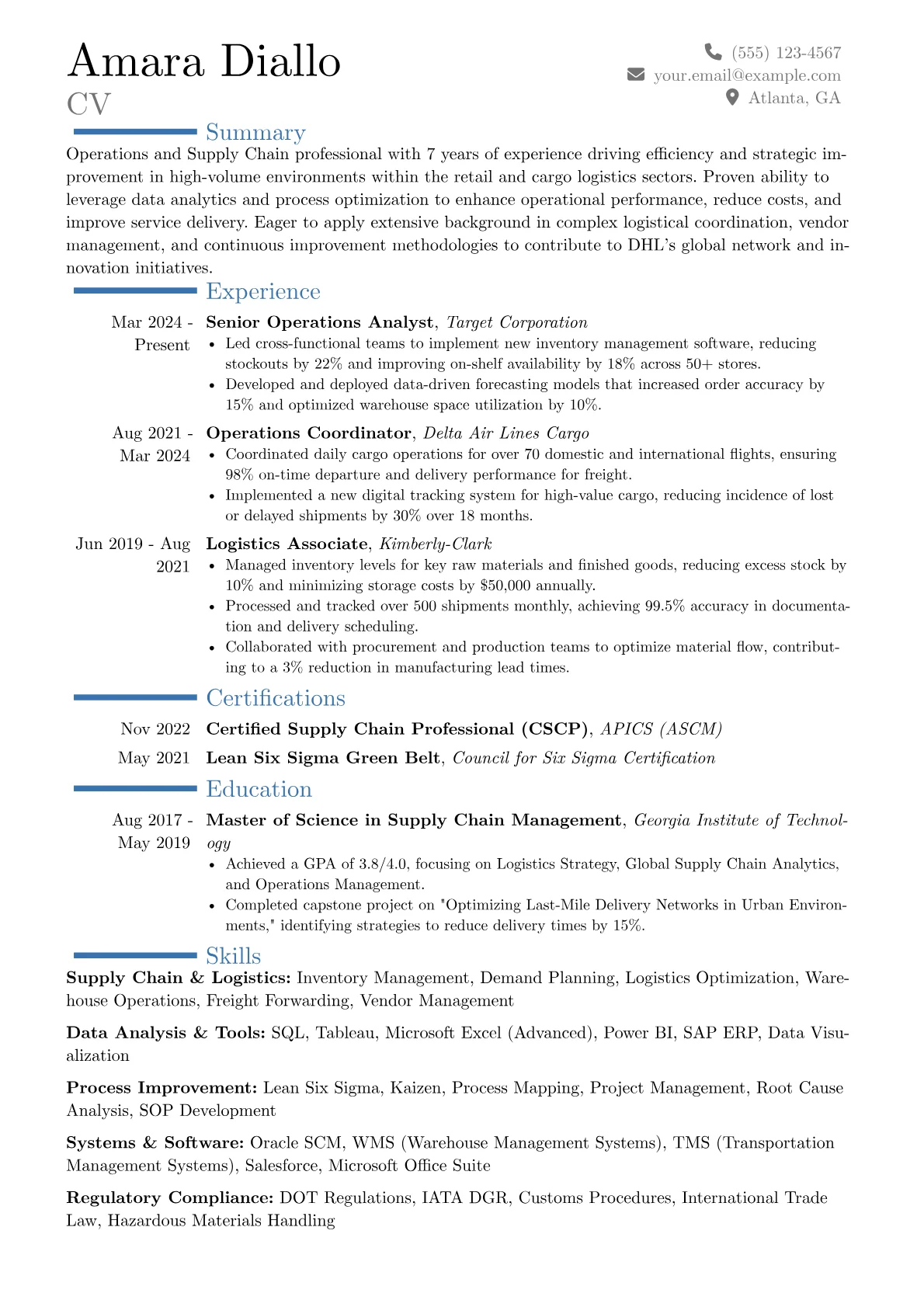 DHL resume example, Career changer, page 1