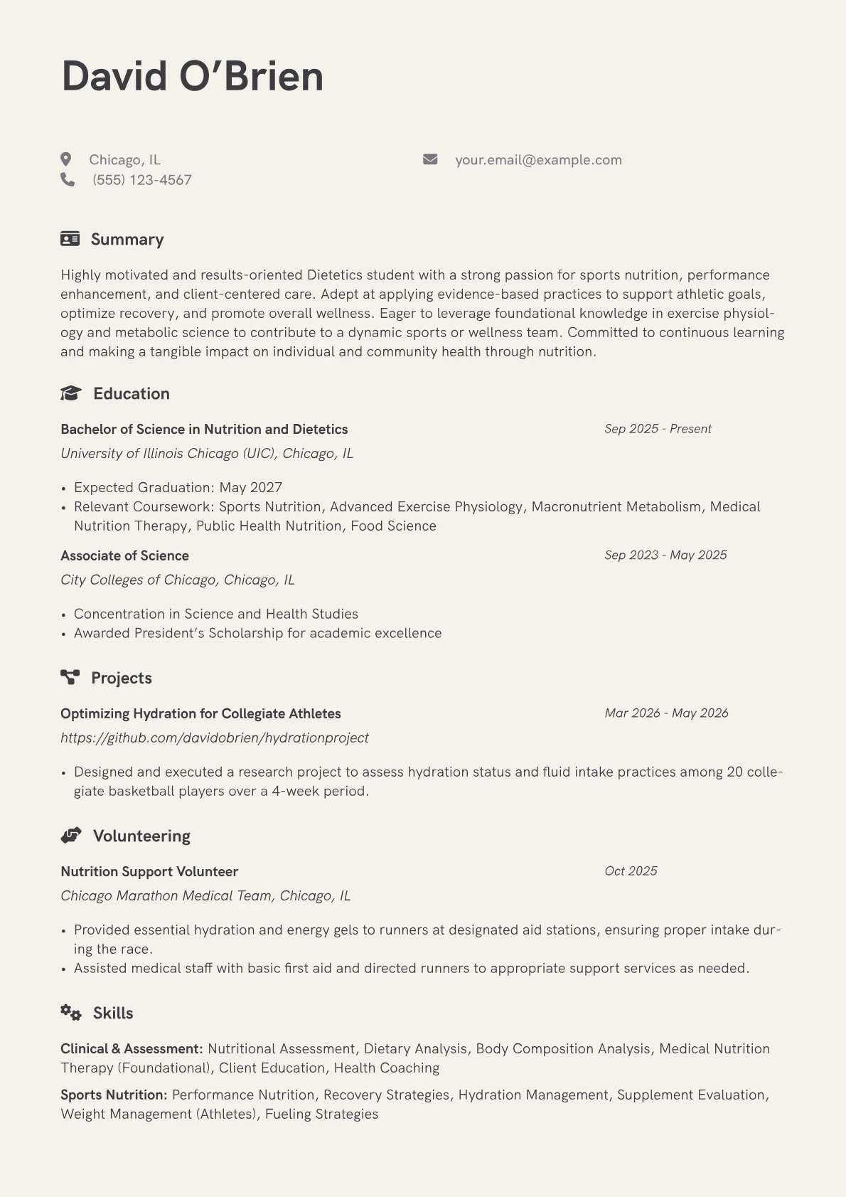 Dietetics Student resume example, Clinical & Assessment, page 1