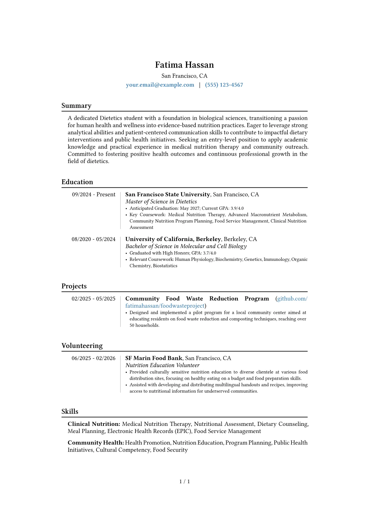 Dietetics Student resume example, Career changer, page 1