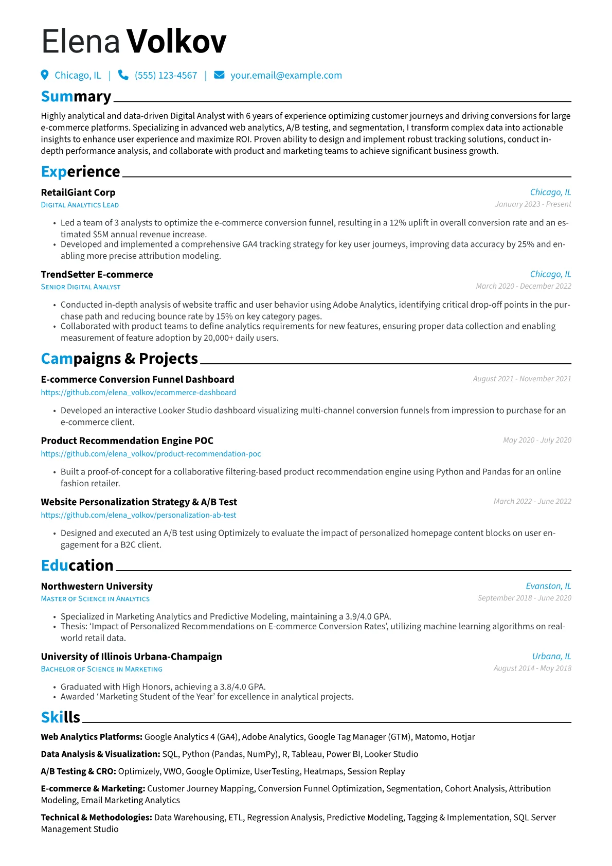 Digital Analyst resume example, Digital Analyst, page 1
