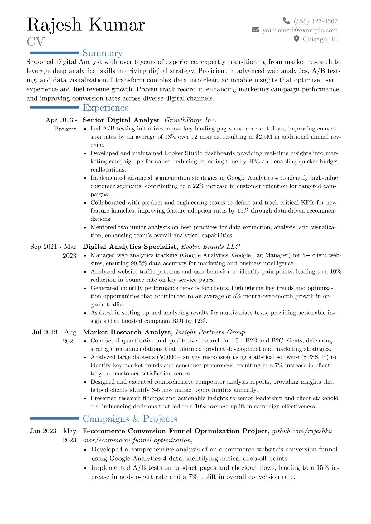 Digital Analyst resume example, Career changer, page 1
