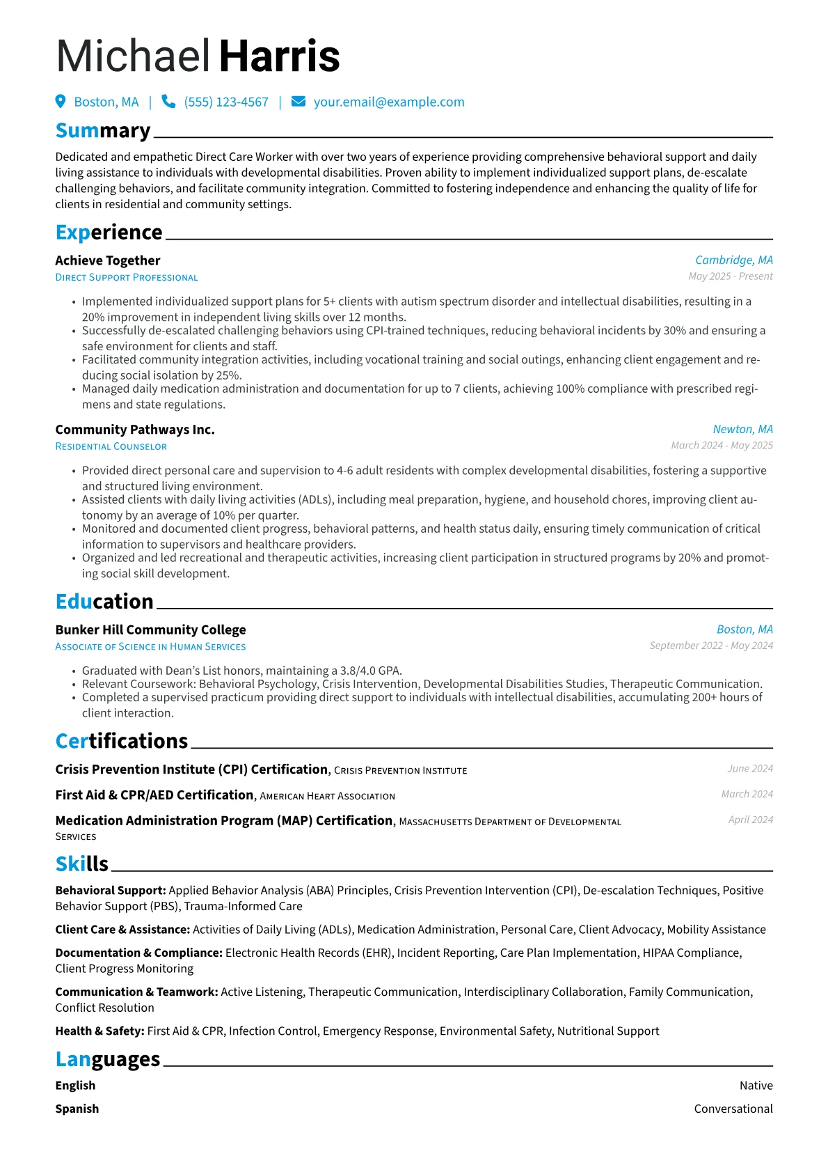 Direct Care Worker resume example, Direct Care Worker, page 1