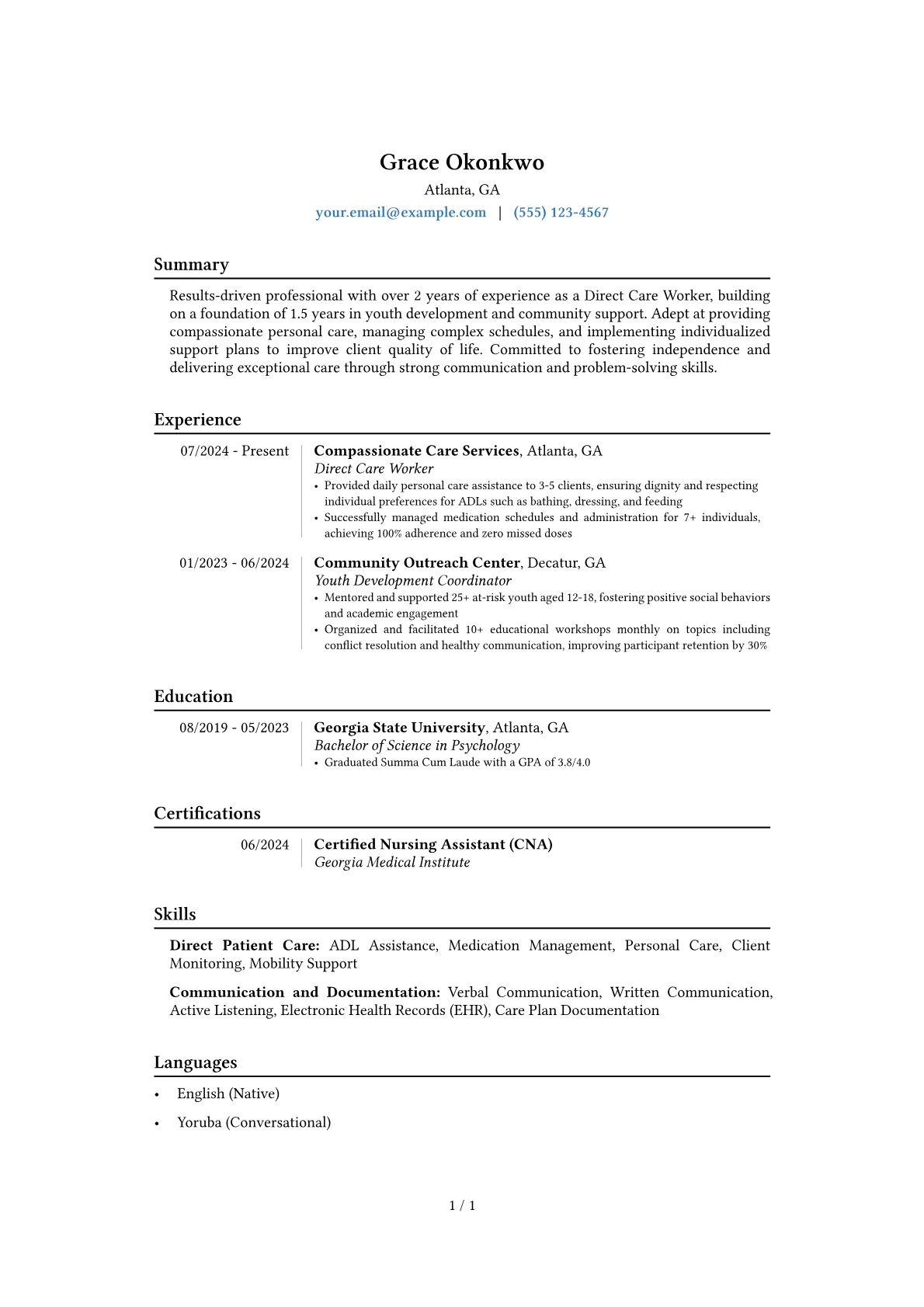 Direct Care Worker resume example, Career changer, page 1